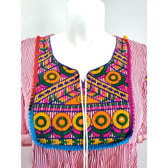 SAHIBA Stripe Flower Pot Patio House Dress TASSELS Red White L/XL - Picture 10 of 16